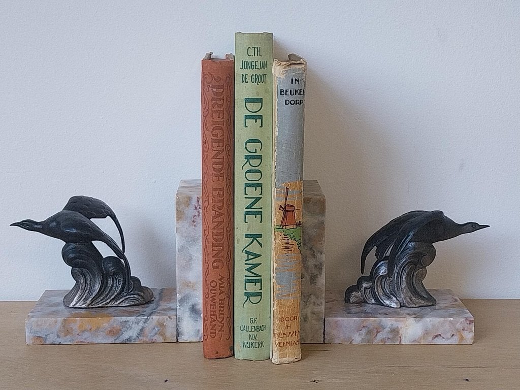 Art Deco boekensteunen vogels zamak op marmer, Ophalen of Verzenden