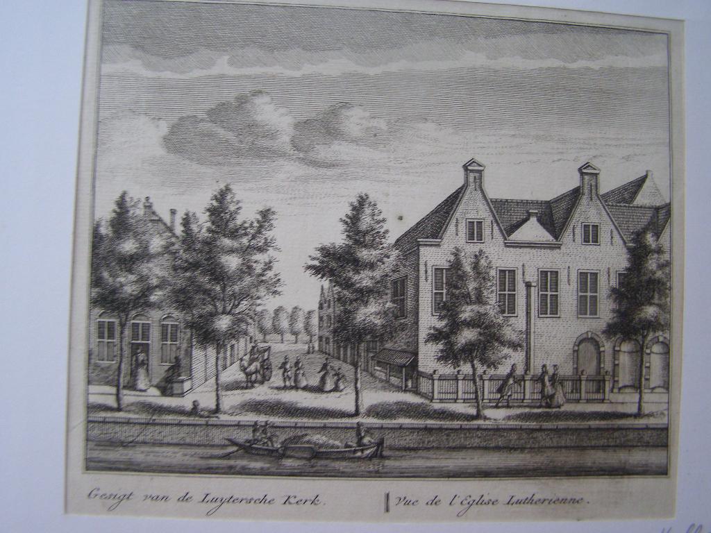gravure Gesigt van de Luyterse Kerk in Amsterdam rond 1709, Antiek en Kunst, Kunst | Etsen en Gravures, Stadsgezicht, 17 cm, Ophalen of Verzenden
