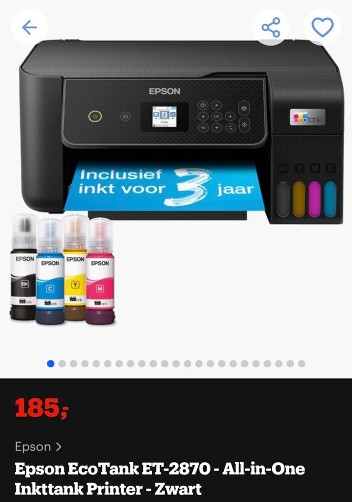 Epson EcoTank ET-2870 All-in-One Inkttank Printer Zwart, Gebruikt, All-in-one, Draadloos, Ophalen
