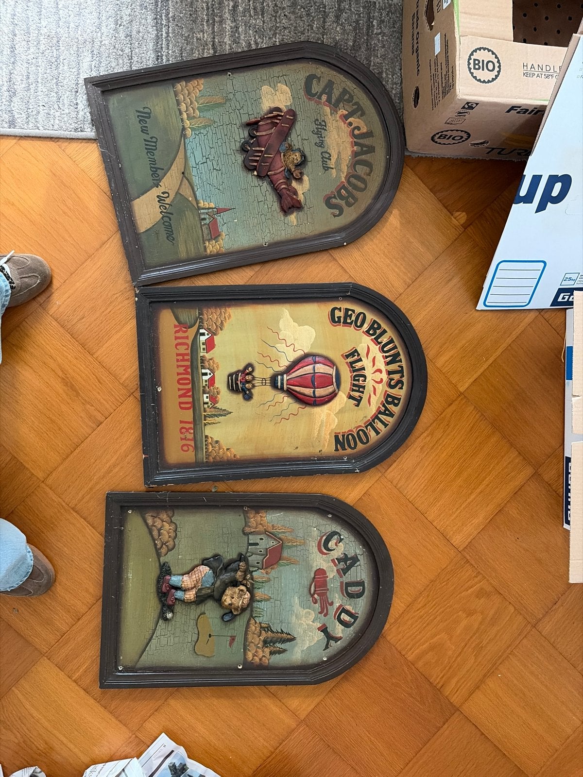 Set van 3 Vintage Houten Reliëf Wandborden, Ophalen of Verzenden
