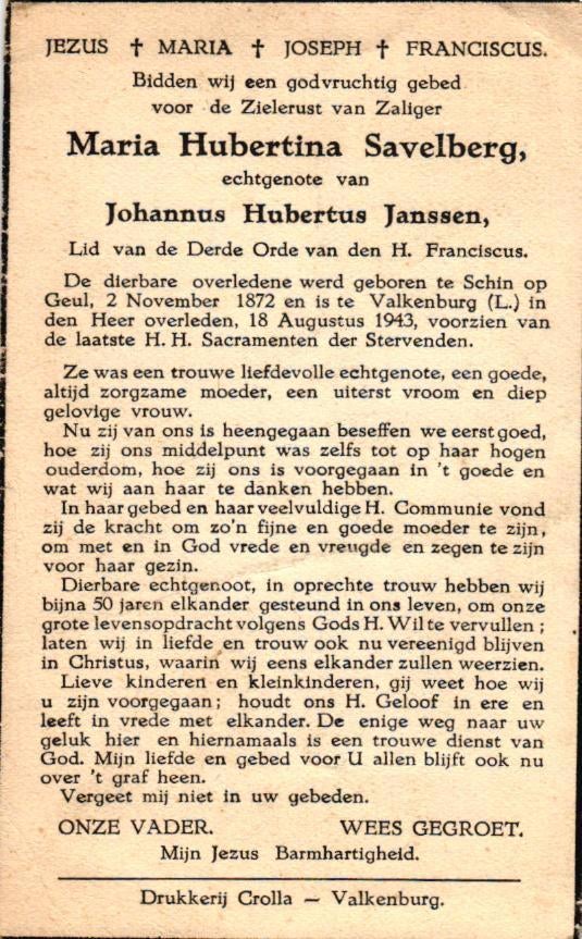 Savelberg Maria Hubertina Schin op Geul 1872-1943 Valkenburg, Verzamelen, Ophalen of Verzenden