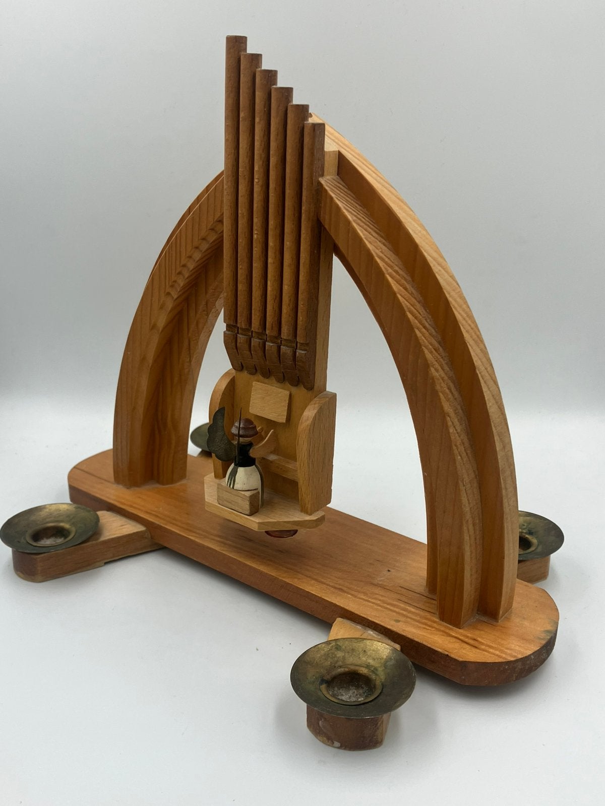 Erzgebirge Houten Kaarsenhouder met Orgelspelend Engeltje, Antiek en Kunst, Ophalen of Verzenden