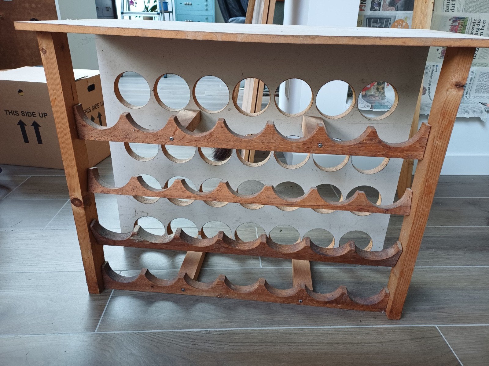 Zelfgemaakt houten wijnrek - 75x30x59,5 cm, Ophalen, 50 – 75, Gebruikt, 25 flessen of meer