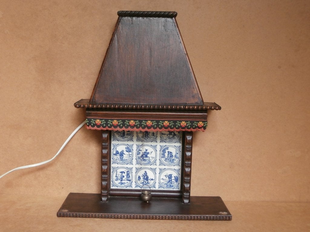Miniatuur schouw haard vuurplaats lampje Delft blauw tegels, Antiek en Kunst, Ophalen of Verzenden