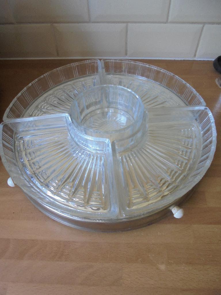 Vintage draaiplateau met bakje van glas, Ophalen of Verzenden