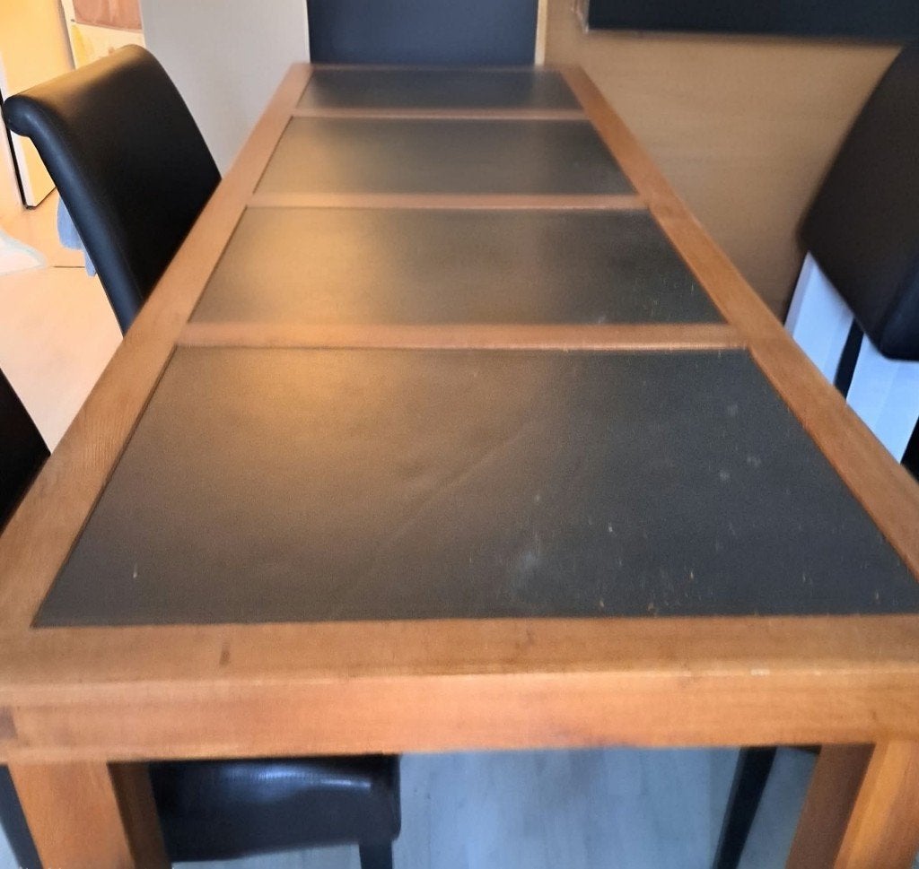Robuuste houten eettafel met leisteen + 6 stoelen, Ophalen, Gebruikt, 200 cm of meer, 50 tot 100 cm