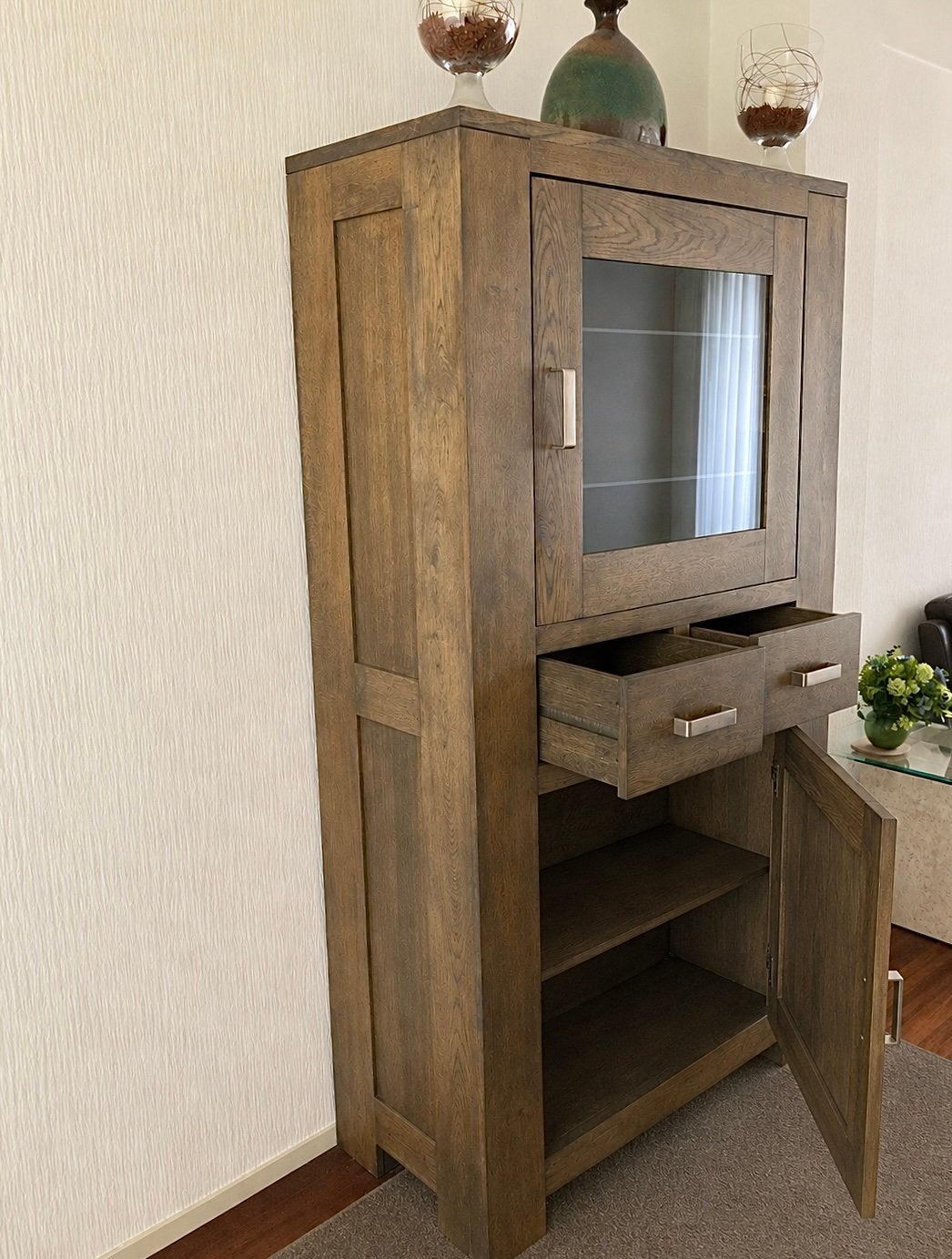 Mooie, massief eikenhouten vitrinekast., Huis en Inrichting, Kasten | Vitrinekasten, Ophalen, 100 tot 150 cm, 200 cm of meer, Zo goed als nieuw