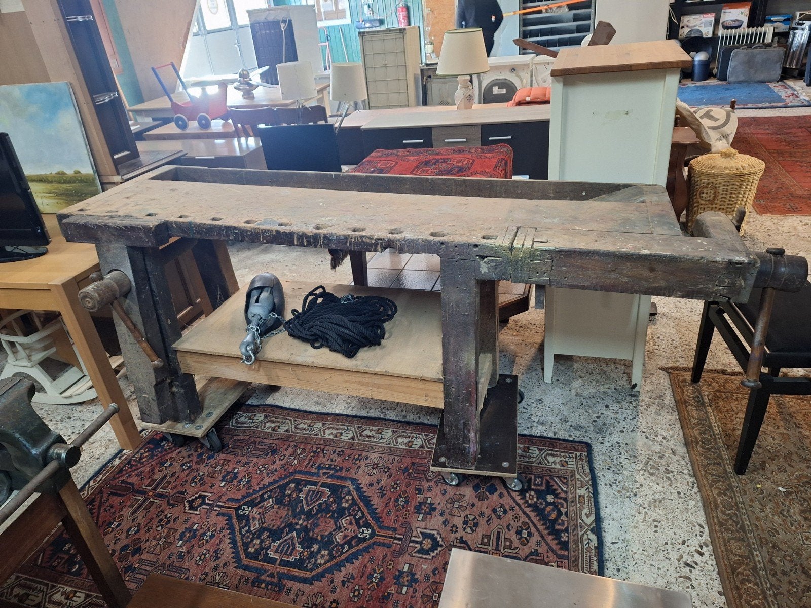 Antieke werkbank werk bank oud hout bankschroef, Ophalen, Gebruikt, 170 cm of meer, Bankschroef