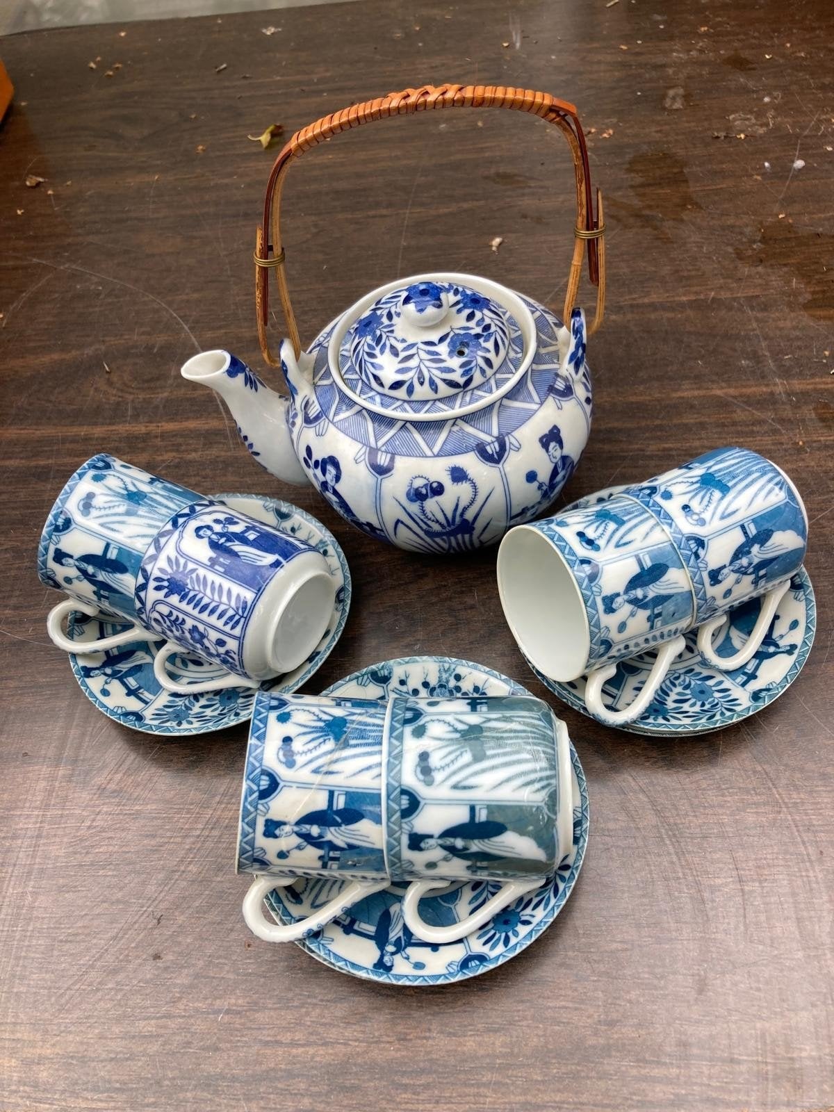 Vintage Chinees theeservies met bamboe handvat, Antiek en Kunst, Ophalen of Verzenden