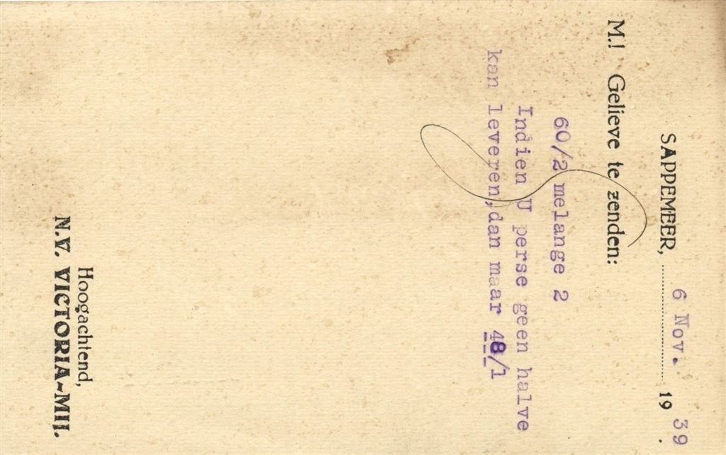 NV Victoria-Mij., Sappemeer - 11.1939 - briefkaart, Ophalen of Verzenden, Briefkaart