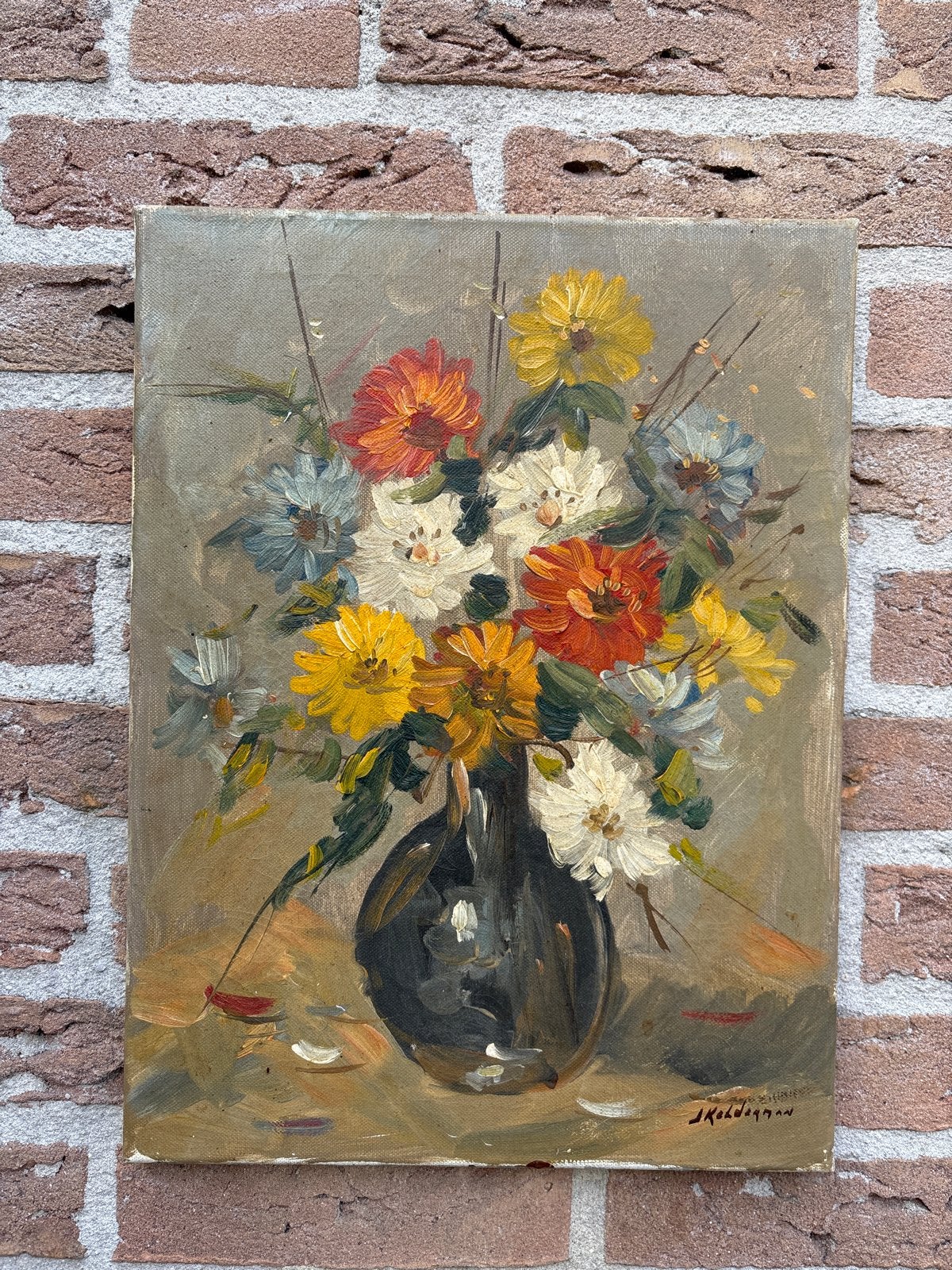 Kleurrijk bloemstilleven, olieverf op doek, gesigneerd, Doek, Gesigneerd, Olieverf, Klassiek
