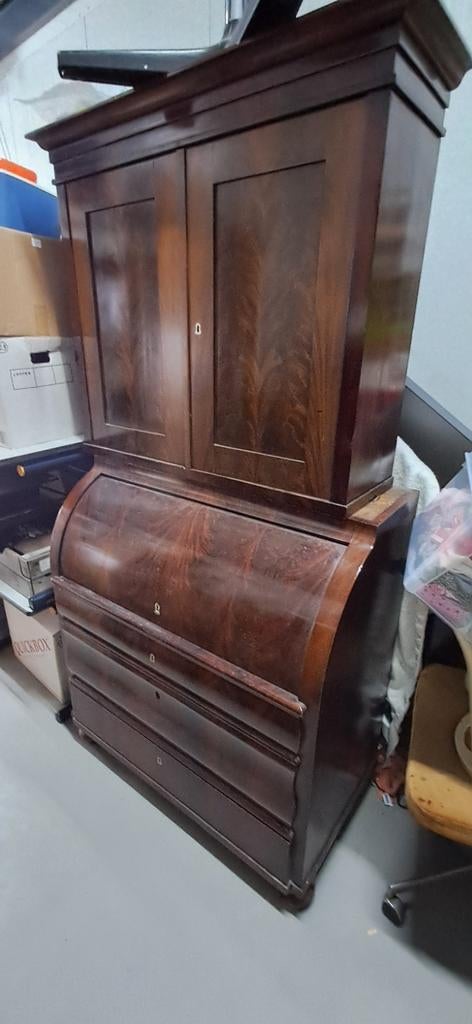 MAHONIE Cilinder secretaire kast, 210 hoog, in 2 delen, Antiek en Kunst, Ophalen