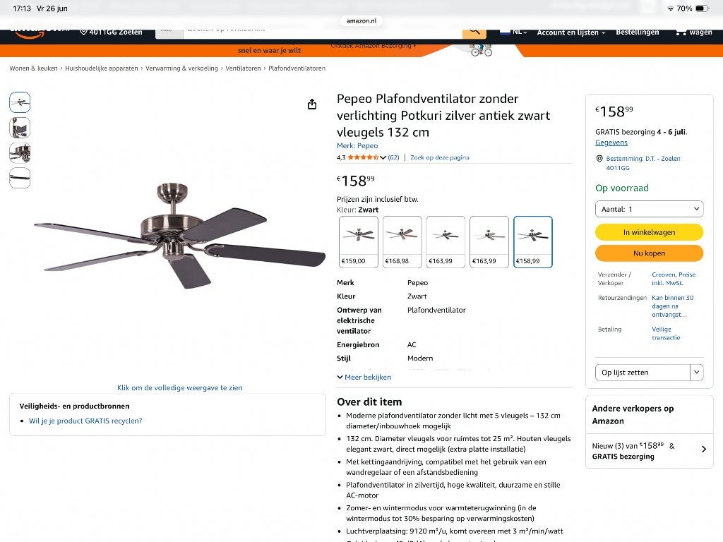 Smc plafondventilator 3 standen zgan!, Ophalen, Zo goed als nieuw, Plafondventilator