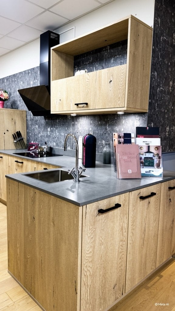 NIEUW Showroom keuken Brigitte houtfineer met composiet blad, Ophalen, Bruin, Overige typen, Nieuw