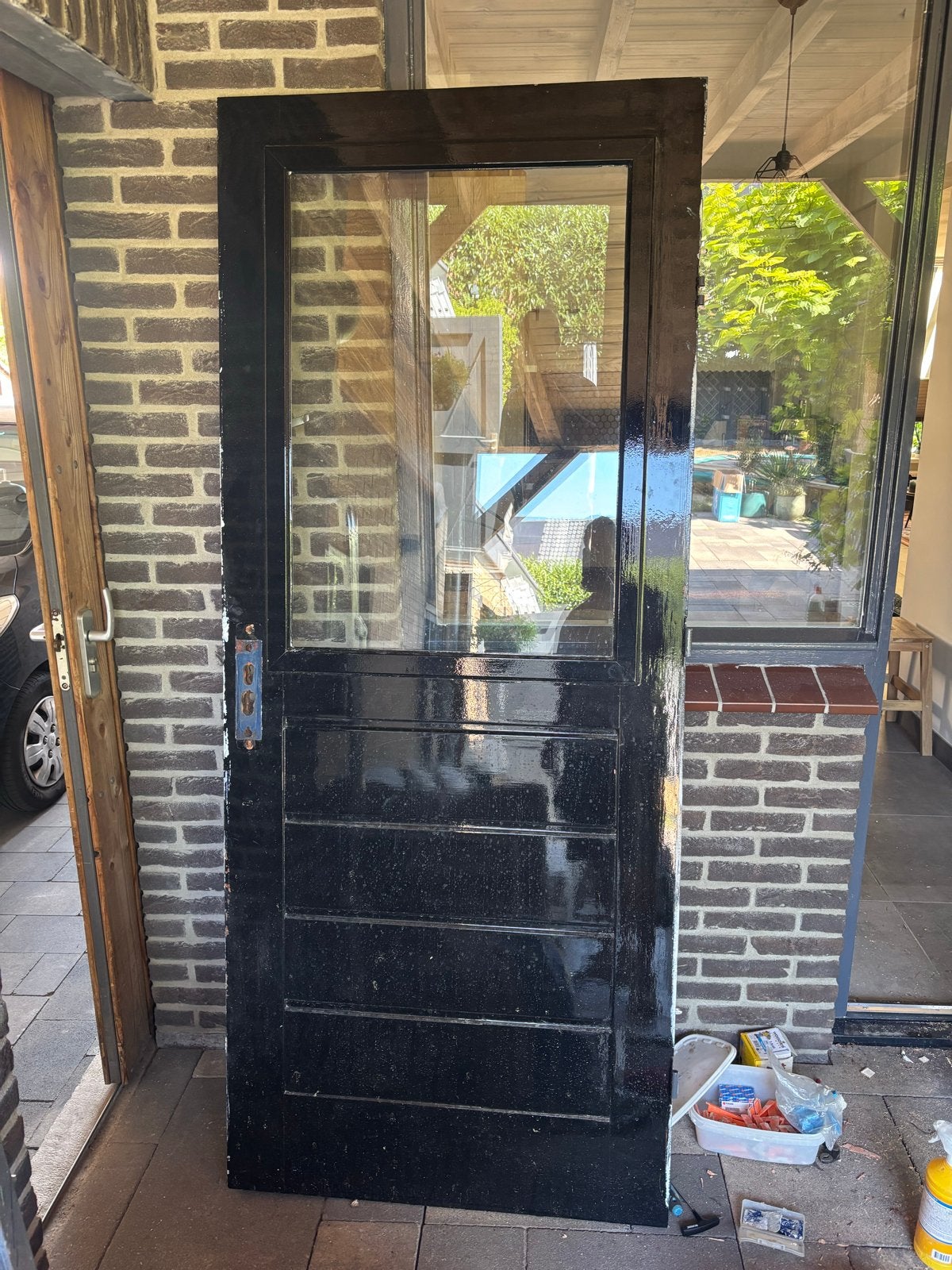 Zwarte Buitendeur 87,5 x 211 cm met Glaspaneel, Ophalen, Gebruikt, 80 tot 100 cm, Buitendeur