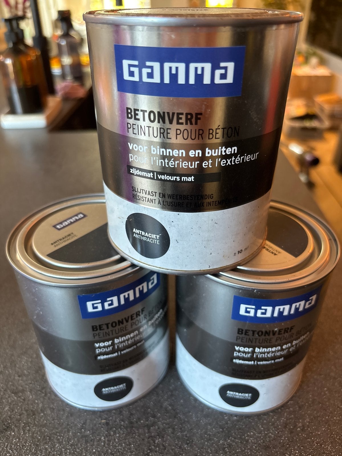 3 potten Gamma betonverf antraciet zijdemat, Doe-het-zelf en Verbouw, Verf, Beits en Lak, Ophalen, Nieuw, Verf, Grijs