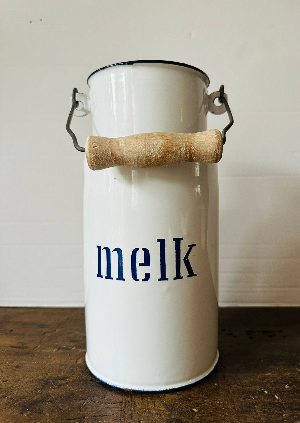 Melkbus emaille wit met blauwe letters, Antiek en Kunst, Ophalen of Verzenden