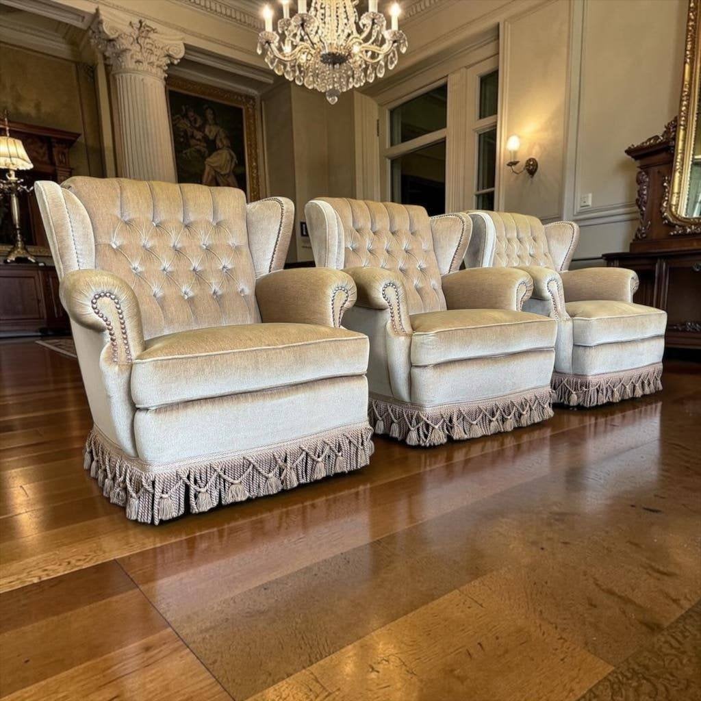 Vintage beige eenzit / fauteuil/ zetel met franjes, Ophalen