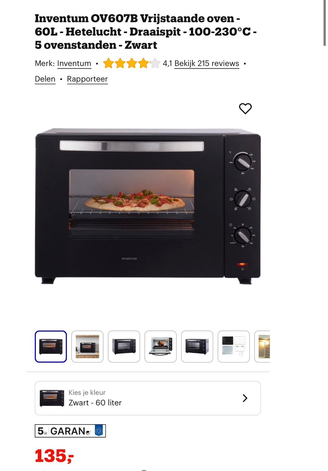Inventum hetelucht oven 60 liter nieuw, Ophalen, Minder dan 45 cm, Hete lucht, Nieuw