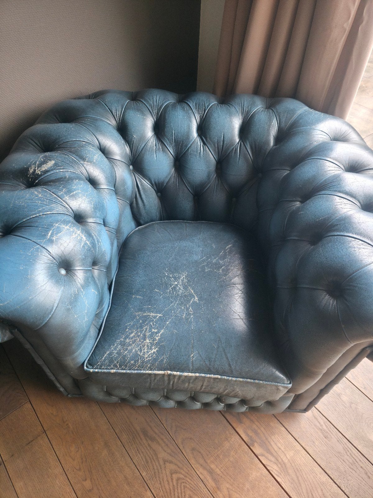 Chesterfield fauteuil - Blauw leer 2x, Ophalen