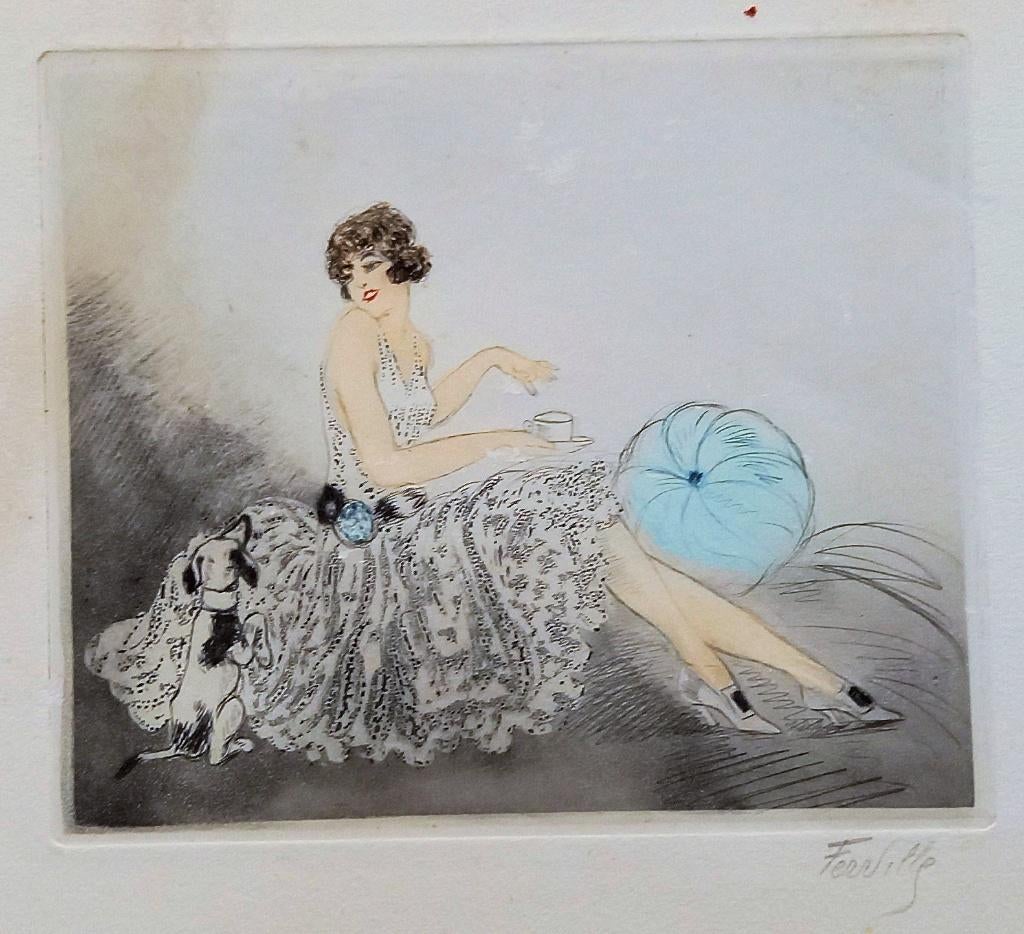 ets Ferville art deco Vrouw met hondje, Antiek en Kunst, Ophalen of Verzenden, Ets, Gesigneerd
