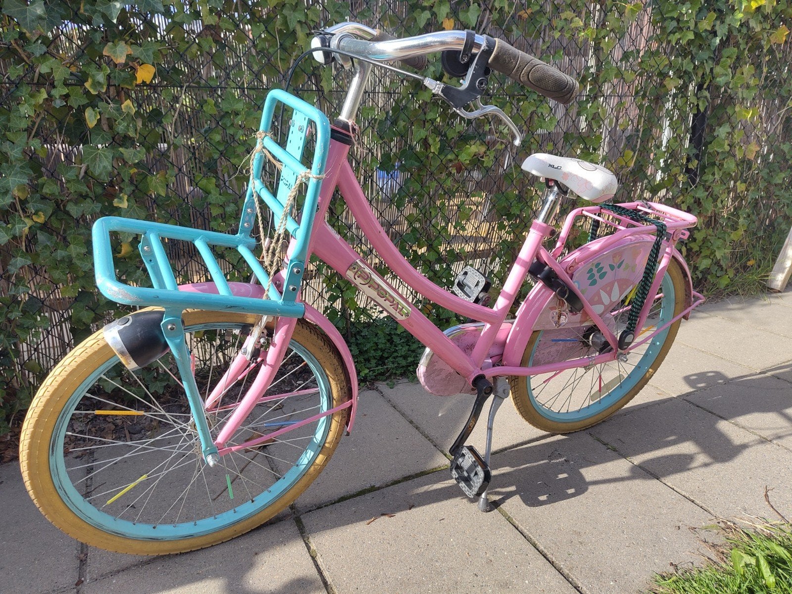 Popal Meisjesfiets 22 inch - Roze/Blauw met Voordrager, Ophalen, Terugtraprem, 22 inch, Gebruikt