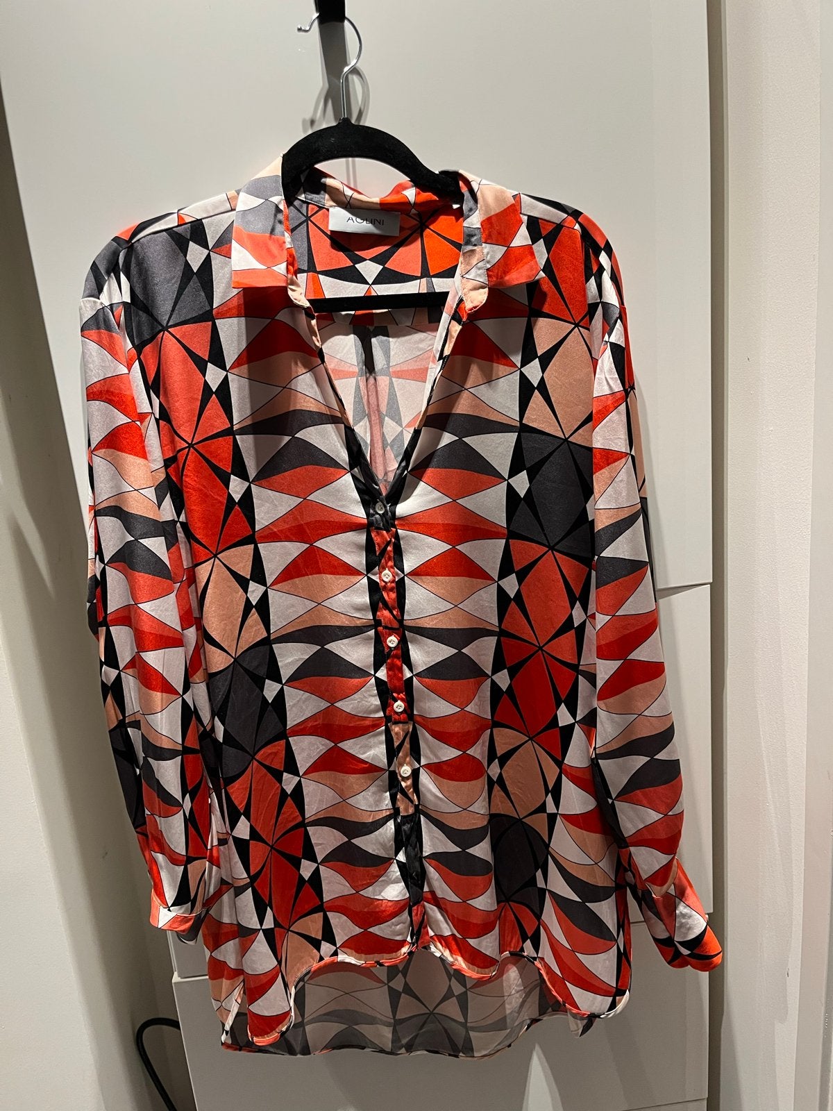 Aglini zijden blouse met geometrische print, maat 44, Ophalen of Verzenden, Gedragen, Maat 42/44 (L), Rood