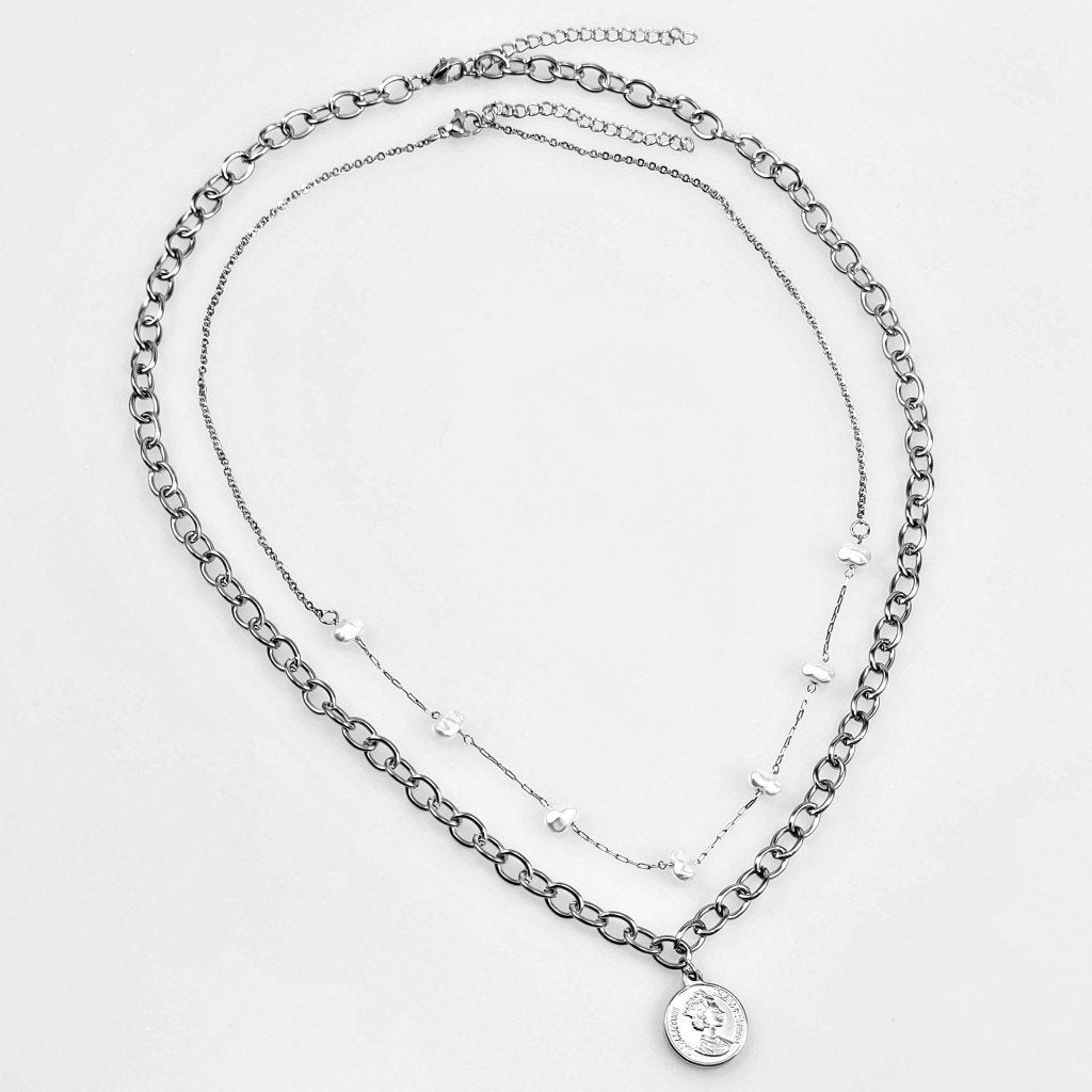 Set van 2 Dames Kettingen Zilverkleurige RVS Munthanger, Met hanger, Overige materialen, Birgitta-Gracht 33, 6465 EL Kerkrade, Nederland