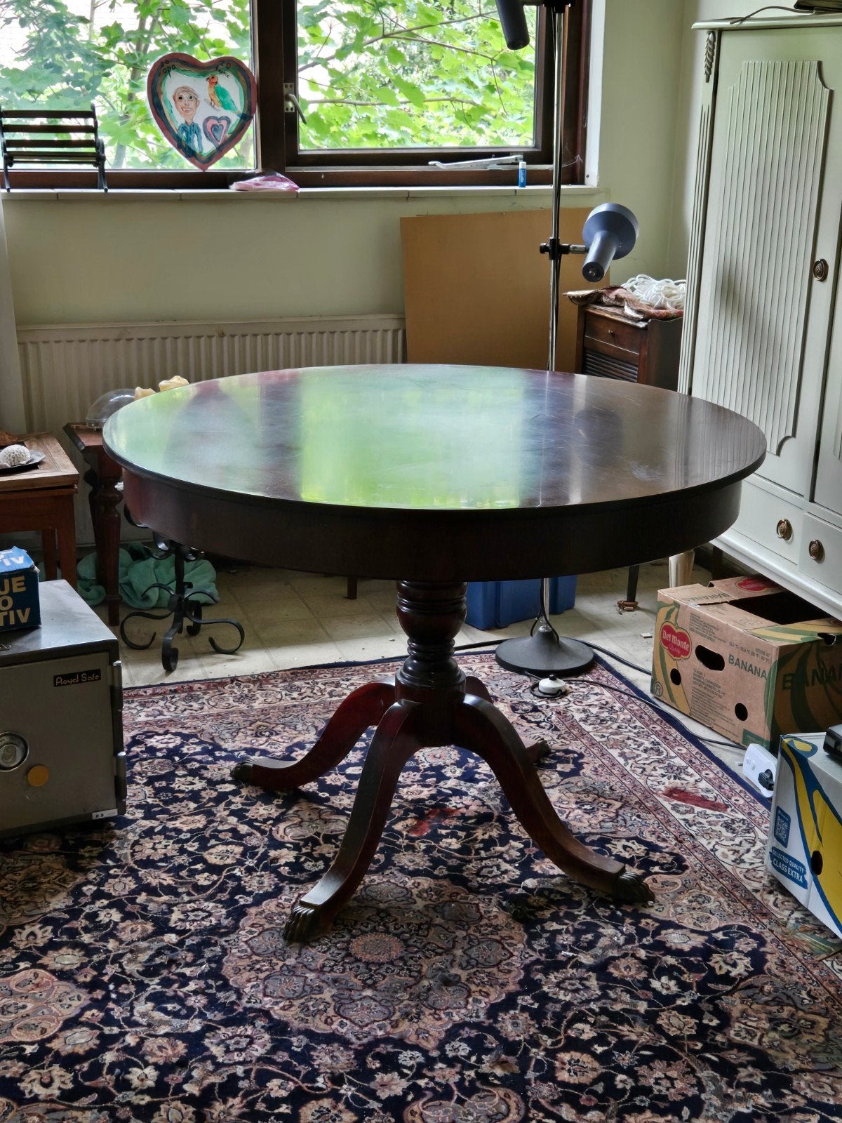 Antieke mohanie eettafel koperen klauwpoten, Ophalen, 50 – 75, Gebruikt, Rond