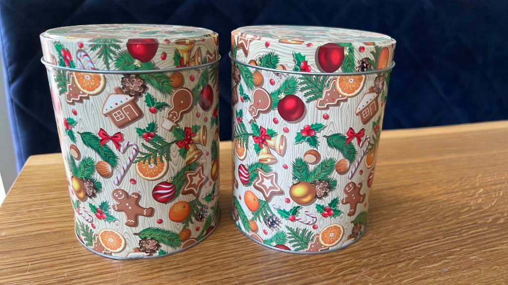 2 kerstblikken 14cm hoog, 11cm doorsnee - zgan, Ophalen of Verzenden, Zo goed als nieuw
