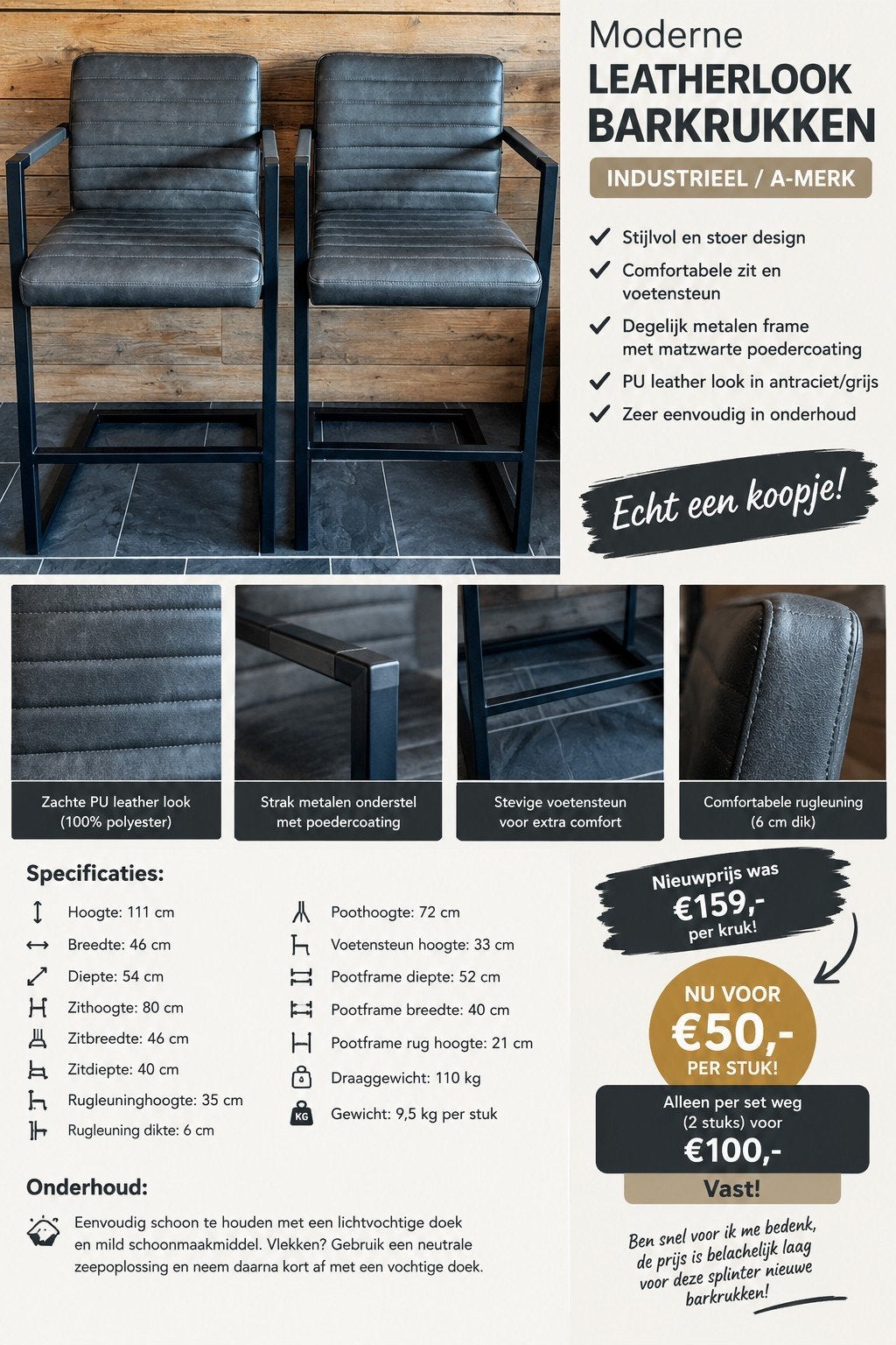 2x Luxe Antraciet Barkrukken – Industrieel – barkruk modern, Huis en Inrichting, Ophalen, Met voetsteun, 60 tot 90 cm, Nieuw
