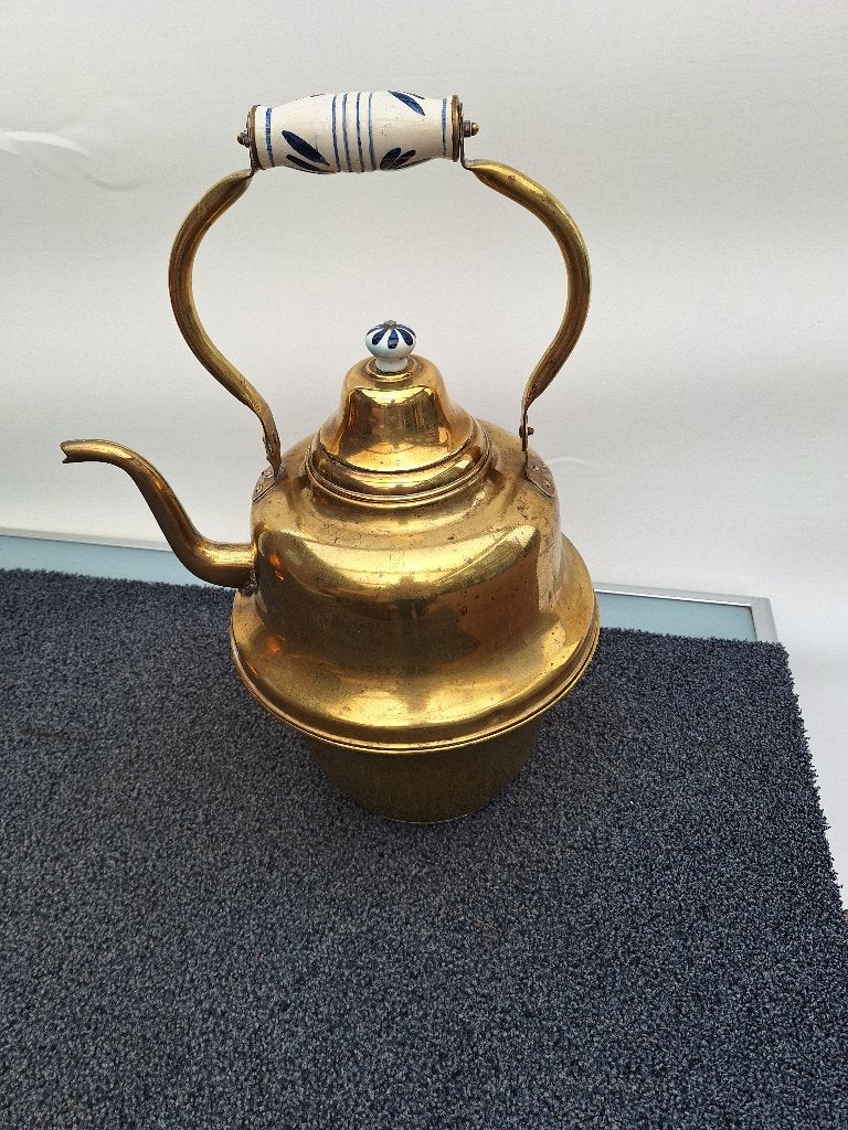 Antieke koperen theeketel met porseleinen handvat, Antiek en Kunst, Ophalen of Verzenden, Koper