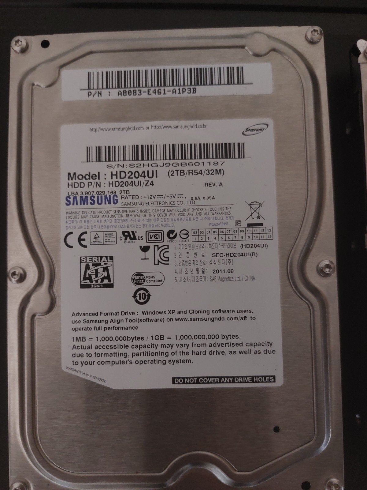 Samsung Spinpoint HD204UI 2TB HDD SATA, Ophalen, Intern, 2TB, Gebruikt