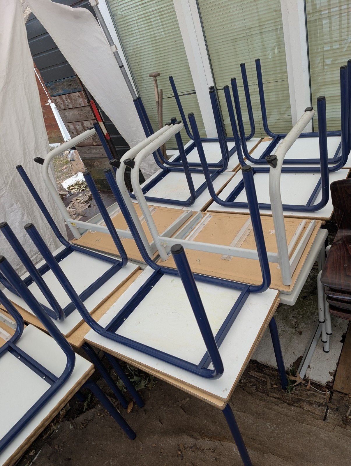 Partij schoolstoelen en tafels - Diverse modellen, Huis en Inrichting, Stoelen, Ophalen, Gebruikt, Blauw, School, Vintage, Functioneel