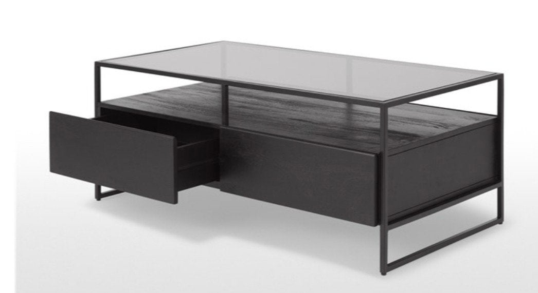 Moderne Salontafel met Gerookt Glas en Mangohout, Ophalen, 100 tot 150 cm, Modern, Industrieel, 50 tot 100 cm