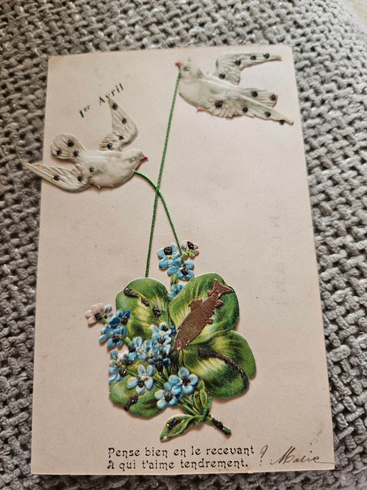 Brocante poezie plaatjes antiek  Duiven en Klavertje Vier, Ophalen of Verzenden, Voor 1920, Gelopen
