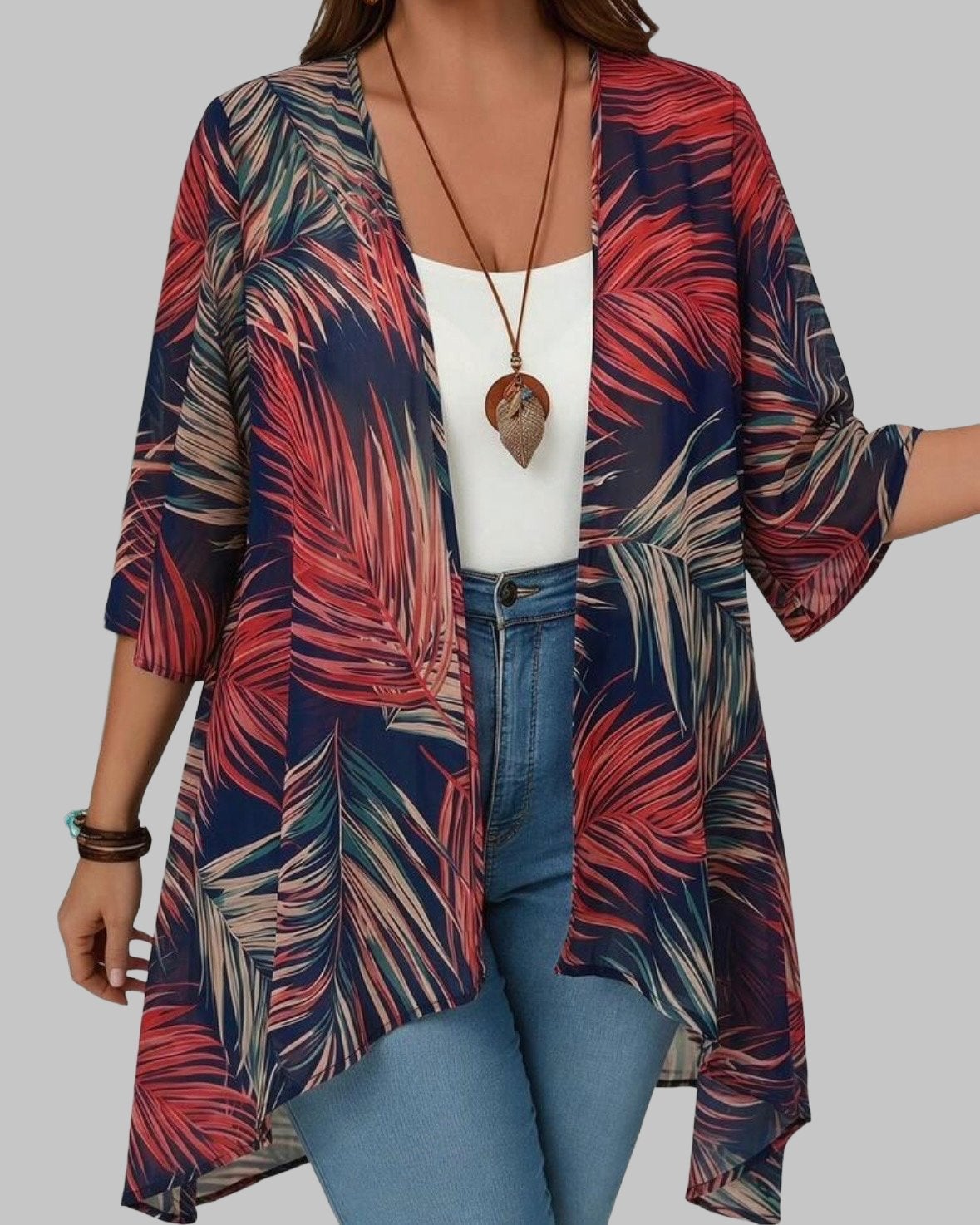 Zomerse Kimono met Bladprint (46-54), Verzenden, Nieuw, Blauw, Trui of Vest