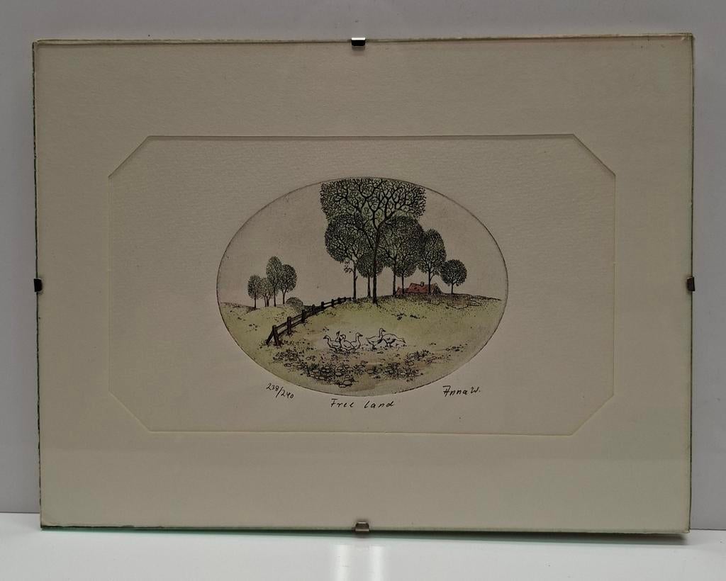 Ets 'Free Land' door Anna W., genummerd en gesigneerd, Ophalen of Verzenden