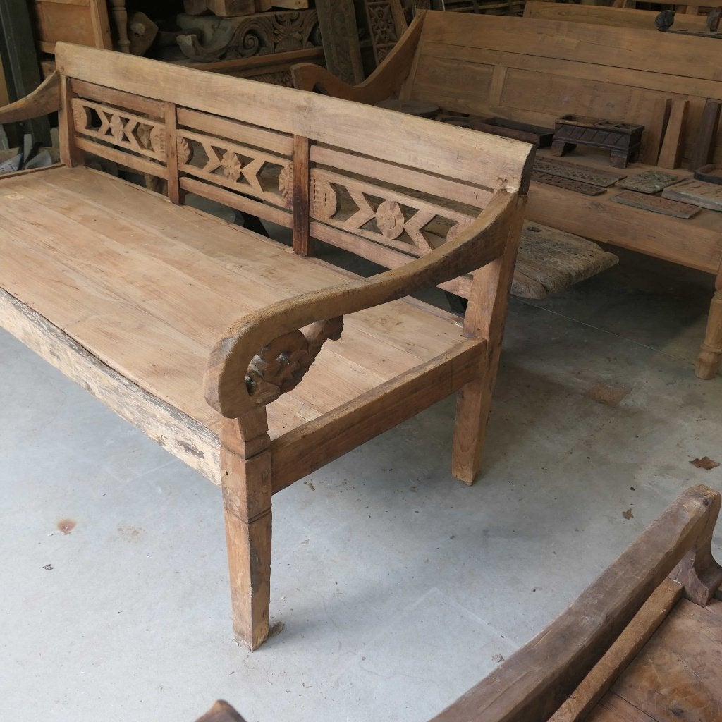 Diepe bank RQ38 teak oud hout stationsbank lounge tuin Ibiza, Ophalen of Verzenden