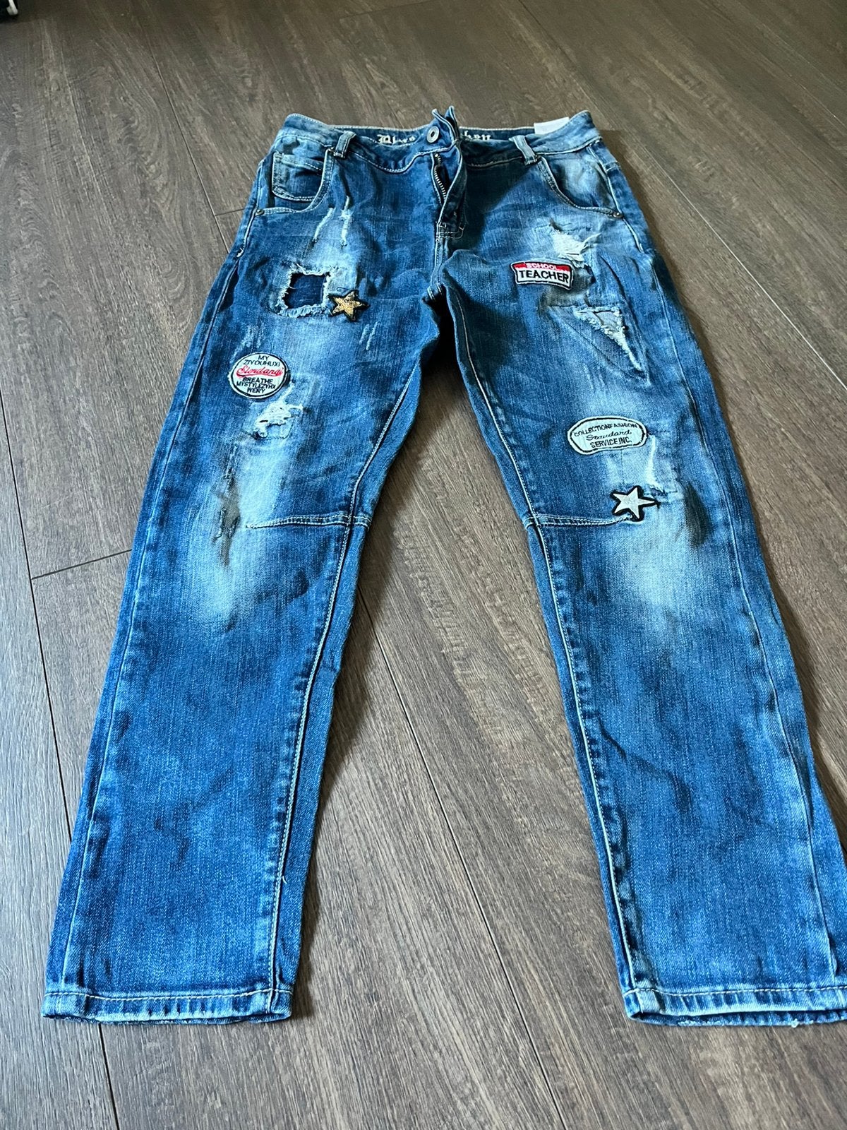 Blue Monkey jeans met patches en destroyed details, maat W29, Ophalen of Verzenden, Zo goed als nieuw, Blauw, W33 - W34 (confectie 48/50)