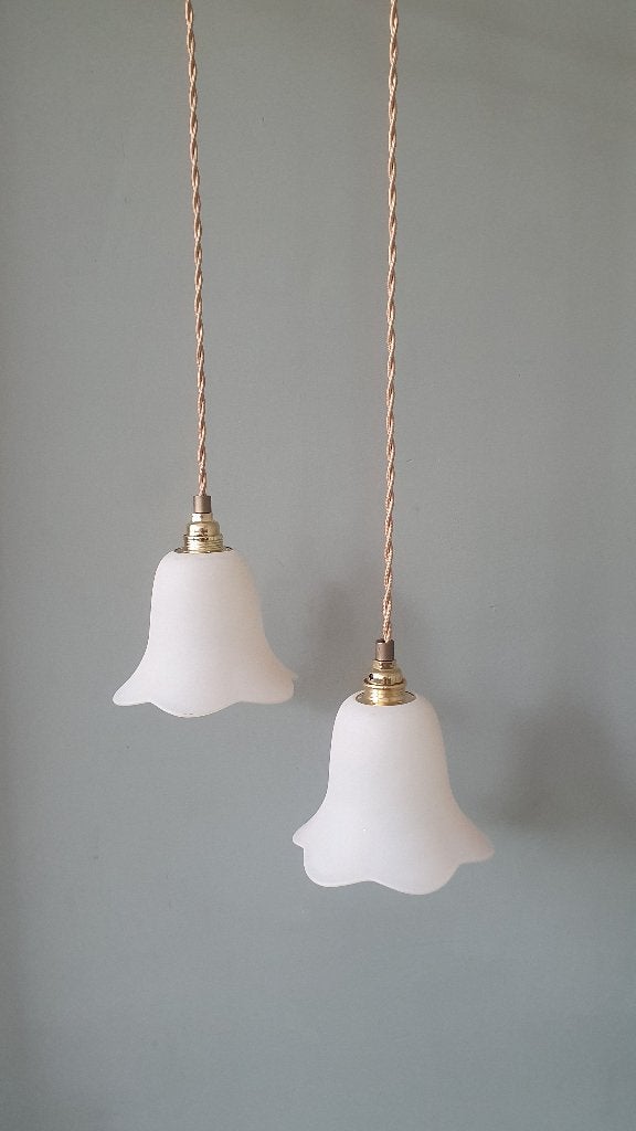 Set Vintage Frosted hanglampjes - 'glas crush' textuur., Gebruikt, E14 (klein), Ophalen of Verzenden, Glas