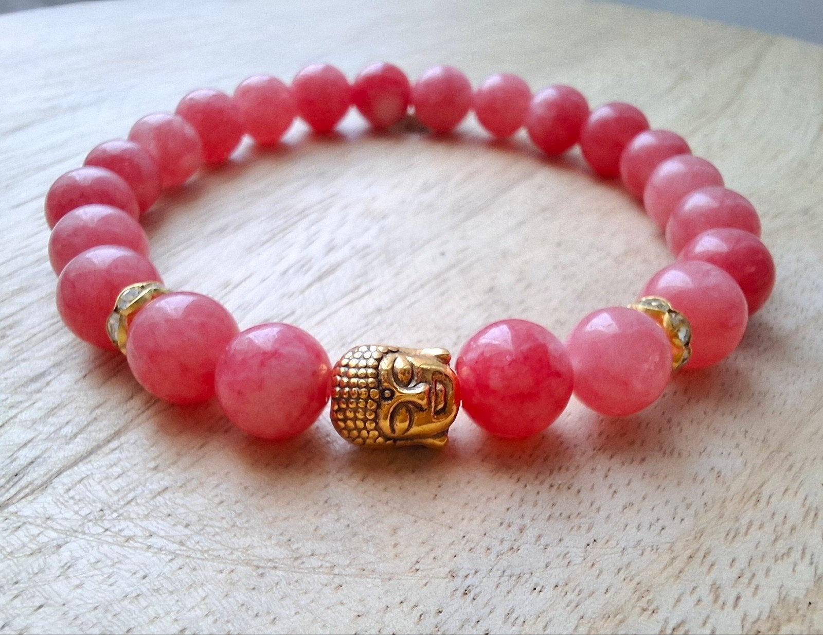 Armband buddha 8 mm natuursteen kralen roze goud boeddha, -, -, Nieuw, Ophalen of Verzenden