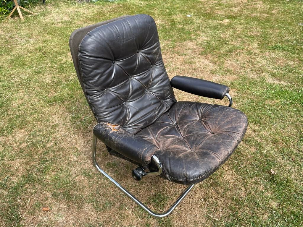 Vintage Leren Fauteuil - Bruin, Gebruikt, Huis en Inrichting, Gebruikt, Bruin, Leer, Ophalen of Verzenden