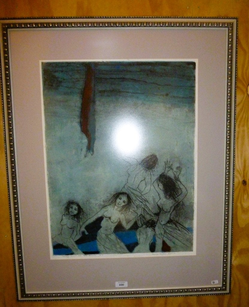 Ru Van Rossem, afrika en vrouwen aan rivier kleuren-etsen, Antiek en Kunst, Ophalen of Verzenden