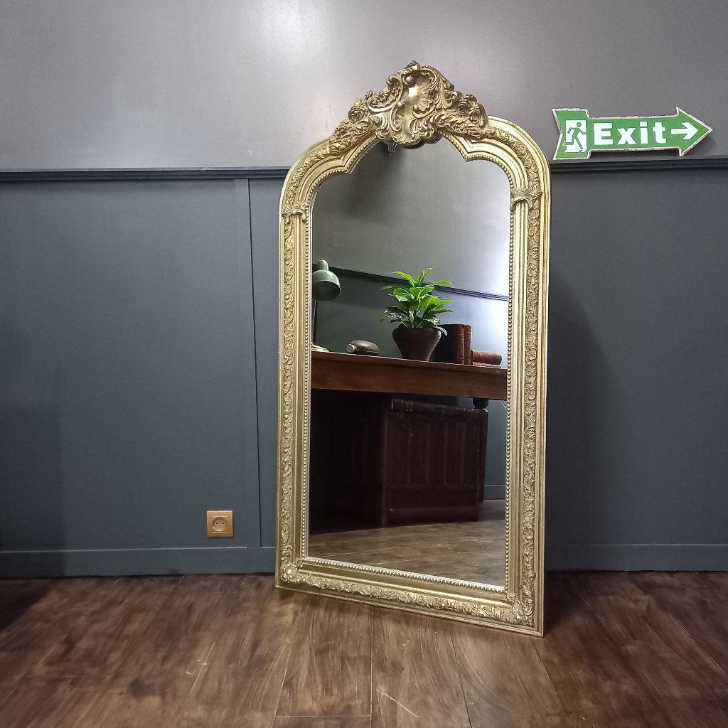 Grote Vintage Franse Schouwspiegel Barok Houten Lijst, Gebruikt, 100 tot 150 cm, Ophalen of Verzenden, 75 tot 100 cm
