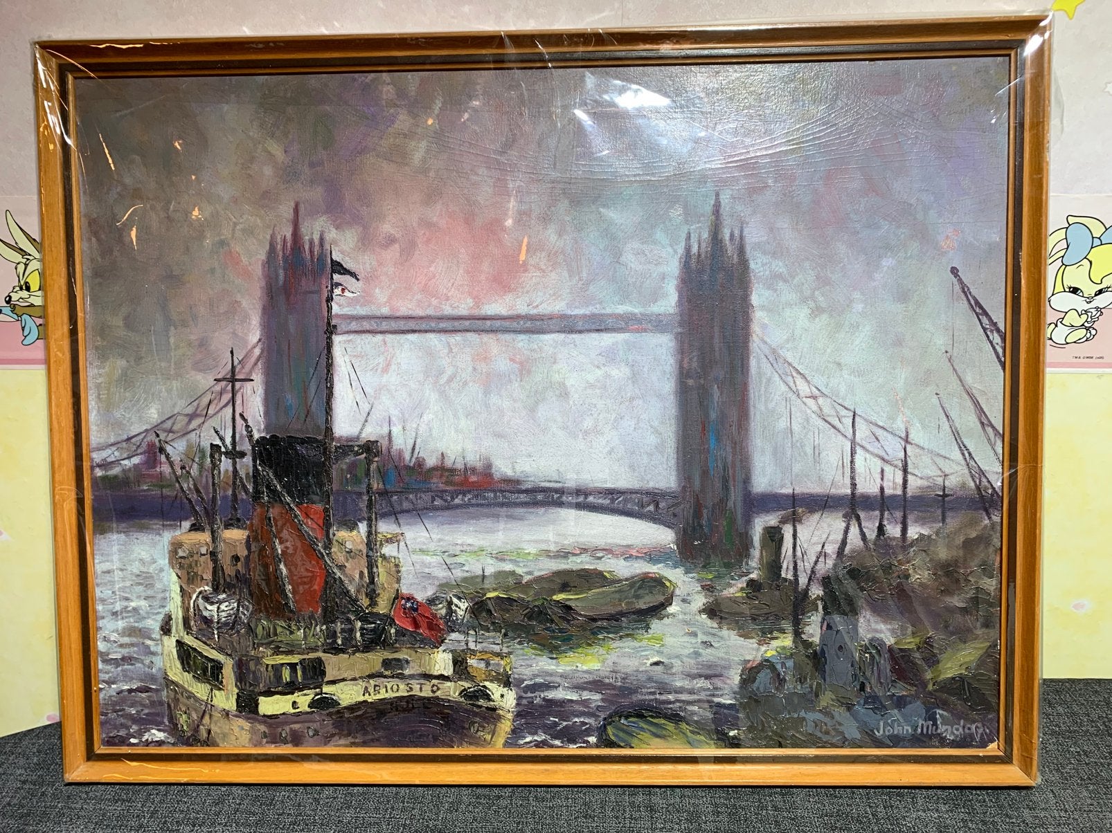 Olie schilderij John Munday - 1975 The Ariosto On The Thames, Antiek en Kunst, Kunst | Schilderijen | Klassiek, Doek, Ophalen of Verzenden