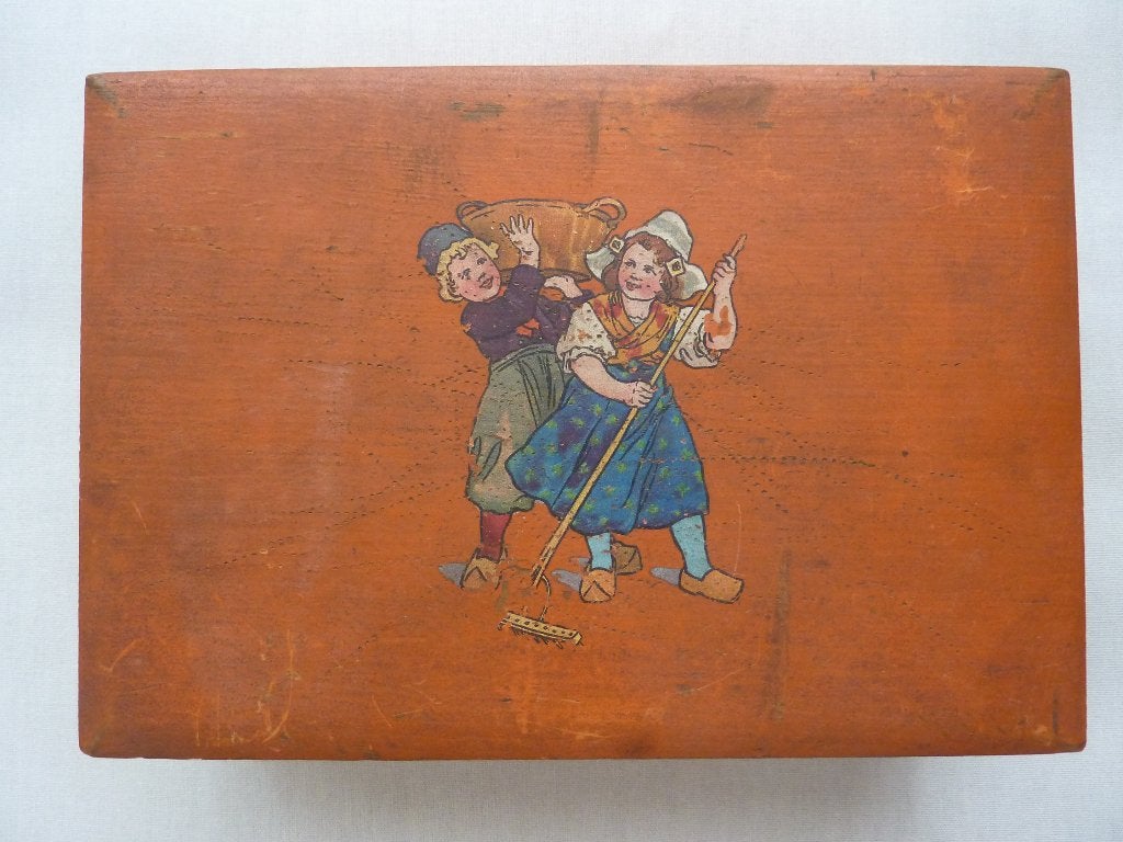 antiek houten kist 22x15 cm plaatje kinderen klompen vintage, Antiek en Kunst, Verzenden