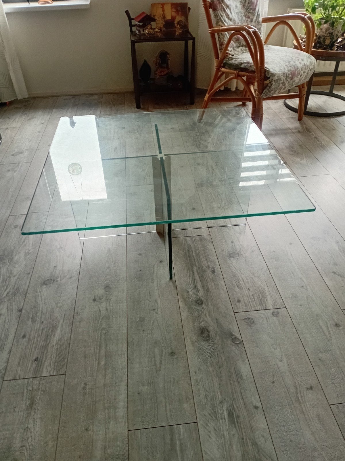 Jaren '70 Glazen Salontafel met Kruispoot, Huis en Inrichting, Tafels | Salontafels, Ophalen, Gebruikt, 50 tot 100 cm, Glas
