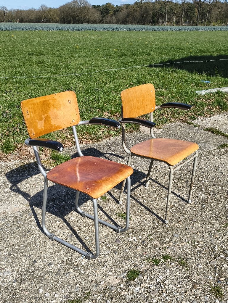 Vintage buisframe stoelen met houten zitting, Ophalen, Gebruikt, Twee, Bruin