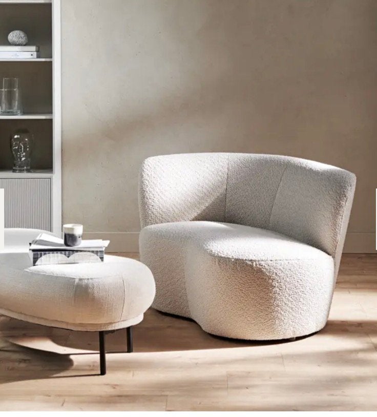 WOOOD fauteuil Stone crème bouclé stof met leuning rechts, Ophalen, Zo goed als nieuw, 75 tot 100 cm, Stof